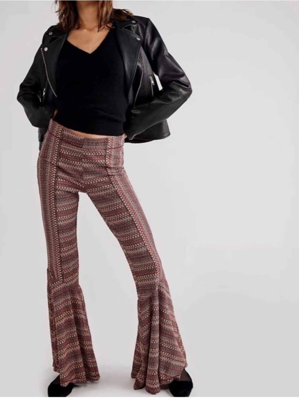 Free People Burgundy Patterned Knit Flare Pants